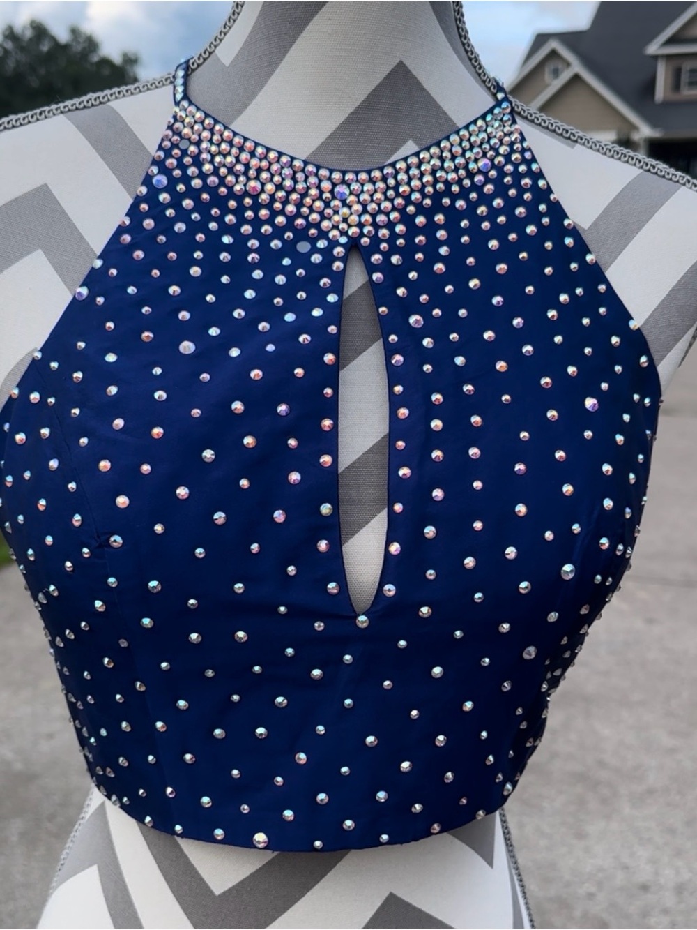 Jovani Navy Blue Crystal-Embellished Halter Crop Top
